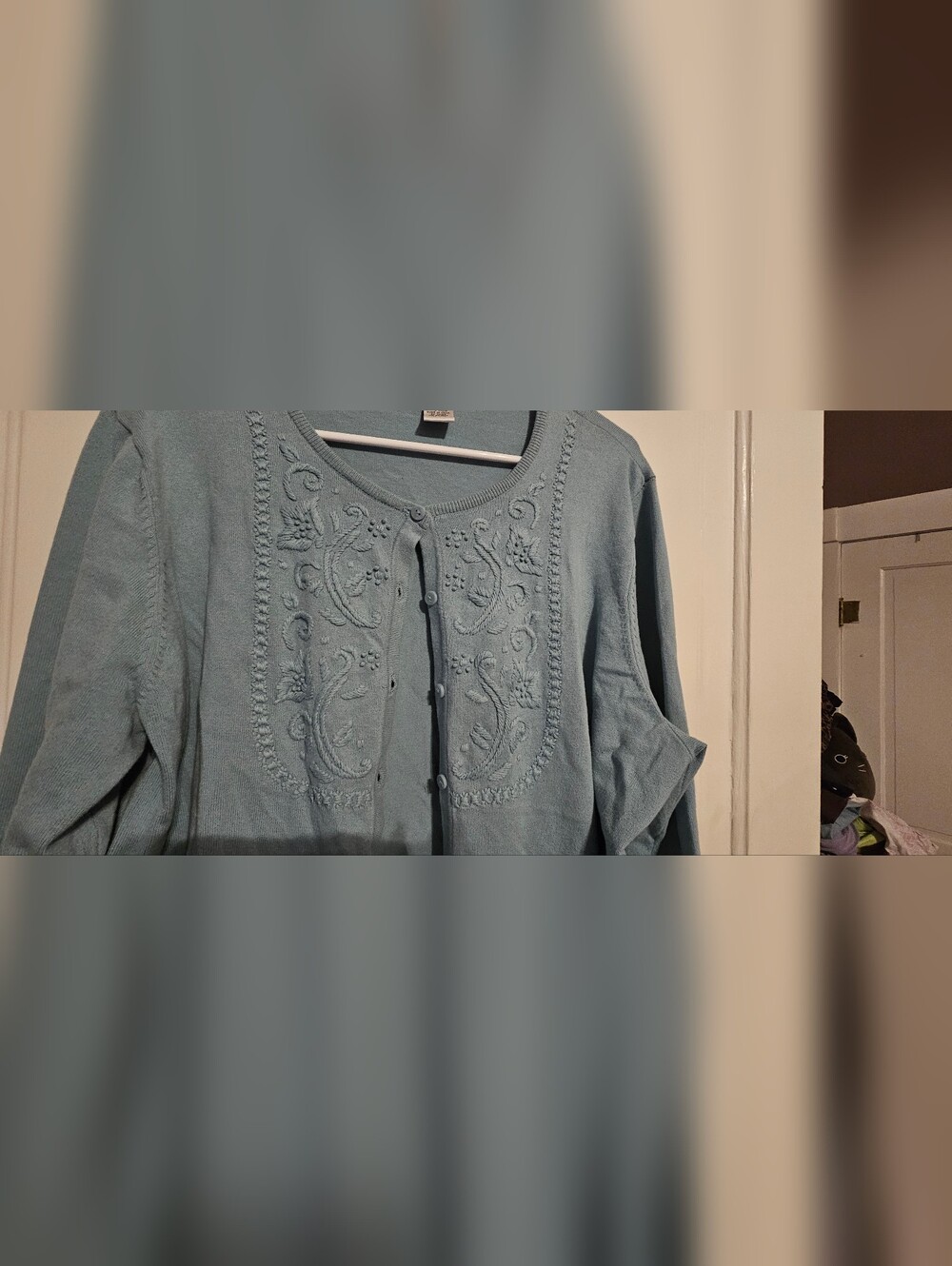 Embroidered Powder Blue Button-Front Cardigan - Picture 3 of 4